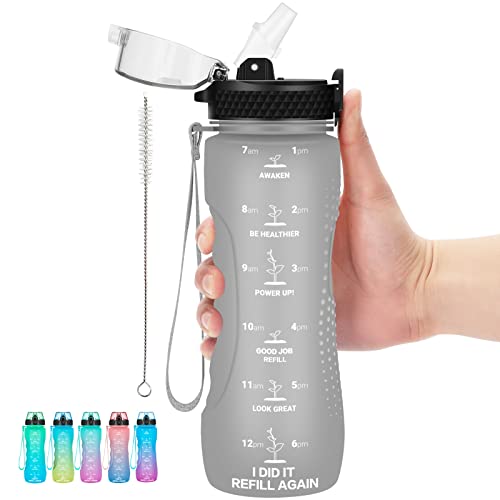 Kids Water Bottle, 24 oz Tritan BPA-Free, Leak Proof, Grey | Motivational Time Markers, Straw Lid for Easy Cleaning, for School & Summer Camp - color: Grey