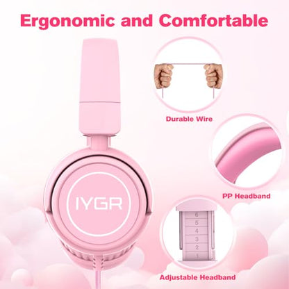 K6C Kids Headphones with USB-C, for Toddler & Kids Ages 2-12, 85dB Safe Volume Limited, Adjustable Headband & Foldable Wired, On-Ear Headphones for School, Travel, Tablet, iPad - color: Pink