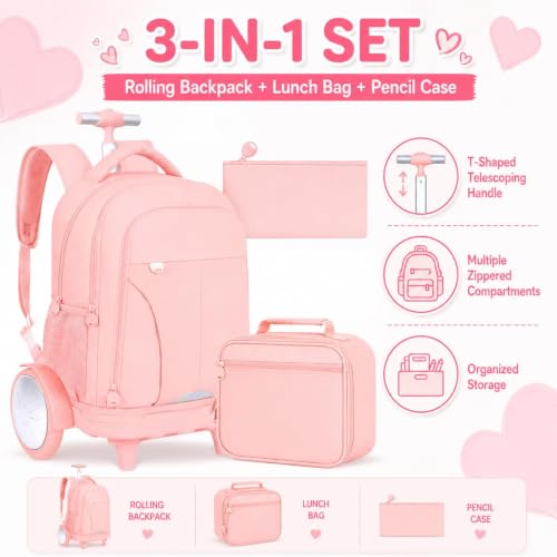 gxtvo Large Wheels & Quiet Glide | Women & Girls Roller Backpack - Water-Resistant Wheeled Bag with Lunch Box for Office, Travel & College - Pink - color: Rolling Backpack Reflective Pink