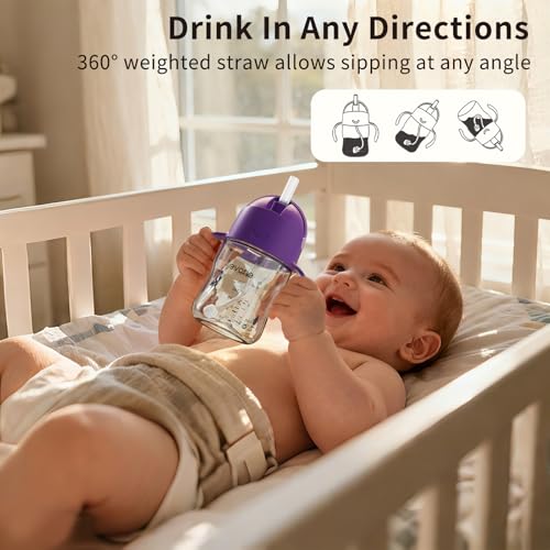 Evorie Tritan Weighted Straw Cup Baby Training Cup, Spill Proof, 7 Oz, 6M+ | BPA & BPS-Free, First learning cup, 360° drinking, Dishwasher safe, Durable Sippy Cup, Ube - color: Ube