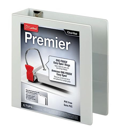 Cardinal 3 Ring Binder, Binders for School and Office, Durable 3 Inch Premier Easy Open Binder, ONE-Touch Locking Slant-D Rings, 650-Sheet Capacity, ClearVue Cover, PVC-Free, White (10330) - size: 3-Inch (Pack of 1)