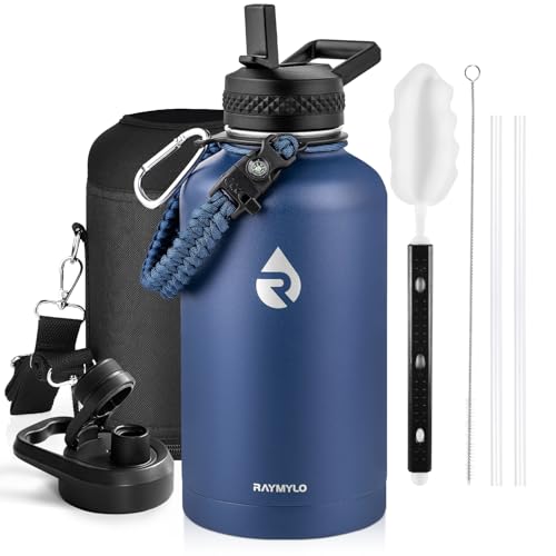 RAYMYLO Insulated Water Bottle 64 oz, Triple Wall Vacuum Stainless Steel (Cold for 48 Hrs), Leak Proof & Non-BPA, Half Gallon Water Flask Jug with Paracord Handle & Straw Spout Lids, Navy Blue - color: Dark Blue, size: 64 Ounces