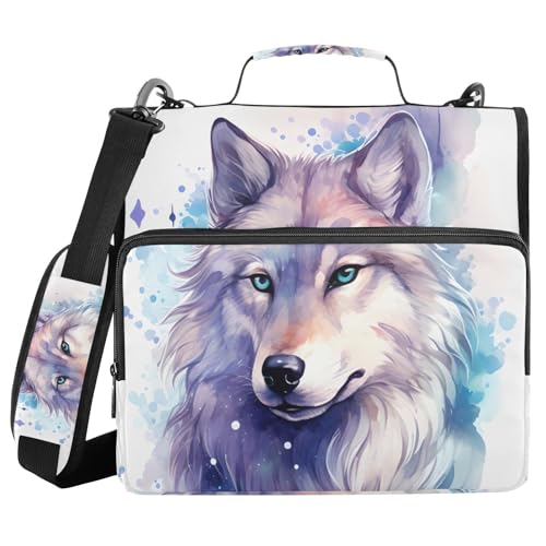 Wolf Watercolor 3 Ring Binder Bag 1.5 inch Binder Organizer with Zipper Shoulder Strap 500 Sheet Documents Storage for School Office - color: A020, size: 13.6 x 12.4 x 3.5 in