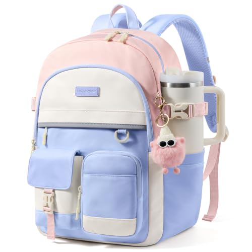 LOVEVOOK School Backpack for Teen Girls, Student Backpack Purse for 8-16 Teenage, Cute Kid Bookbag with Large Cup Holder, Back to School Backpacks Fit 15.6 Inch Laptop, Large College Travel Bag Gift - color: Purple-pink-white With Reflective Strip, size: