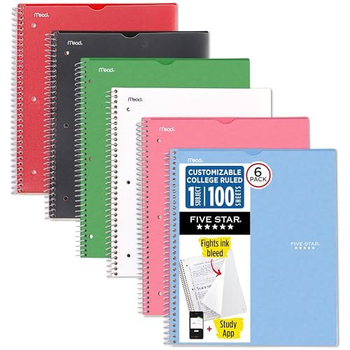 Five Star Spiral Notebook + Study App, 6 Pack, 1 Subject, College Ruled, 8-1/2" x 11", 100 Sheets, Fights Ink Bleed, Customizable Water Resistant Cover, Assorted Colors (820045-ECM)
