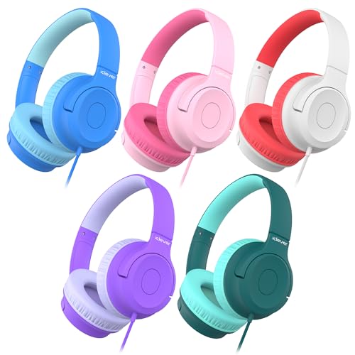 iClever HS27 5 Pack Kids Headphones for School K-12 Online Learning Travel | SafeSound Tech3.0, Tangle Free, 3.5mm Jack, HD Stereo, Swivel Foldable, Headphones for Classroom, Bulk 5Pack, Colorful - color: Colorful