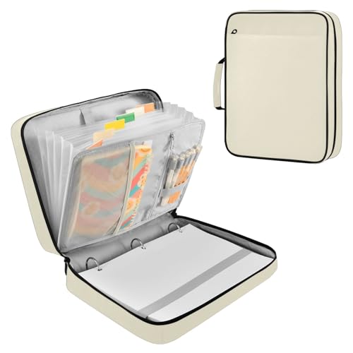 Cream Color Zipper Binder Bag with Handle,1.25 Inch 3 Ring O-Ring 500 Sheet Capacity 6 Tab Expanding File Folder Storage Pockets Binder for School Office Organizer Supplies - color: Multicolored-11