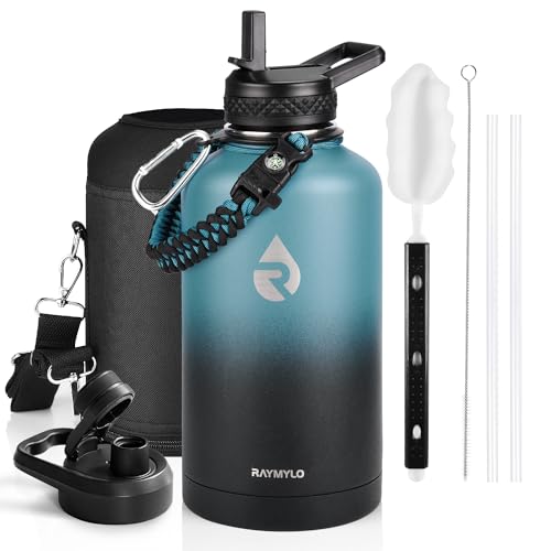 RAYMYLO Insulated Water Bottle 64 oz, Triple Wall Vacuum Stainless Steel (Cold for 48 Hrs), Leak Proof & Non-BPA, Half Gallon Water Flask Jug with Paracord Handle & Straw Spout Lids - color: Indigo/Black, size: 64 Ounces