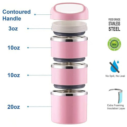 Lille Home Stackable Stainless Steel Thermal Compartment Lunch/Snack Box, 3-Tier Insulated Bento/Food Container with Lunch Bag and 3 Extra Silicone Seals, 43OZ, Pink - color: Pink with Utensils