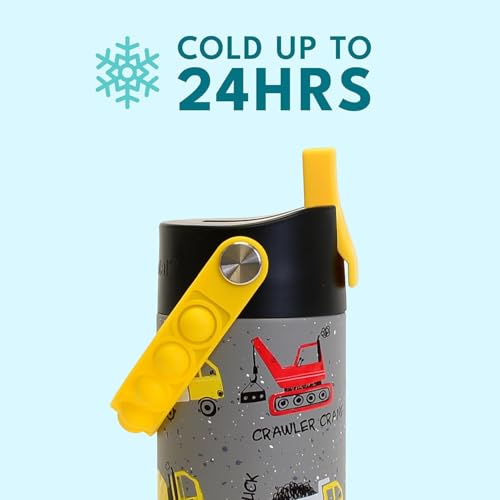 Elemental Insulated Kids Water Bottle, Stainless Steel Water Bottle with Straw Lid & Pop-It Handle, Leak-Proof Water Bottles for School, Boys or Girls, Travelling and Sports, 18oz - Construction - color: Construction