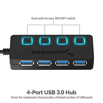 SABRENT 4-Port USB 3.0 Hub with Individual LED Power Switches - Slim, Portable Design - 2 Ft Cable - Fast Data Transfer - Compatible with Mac & PC (HB-UM43) - color: Black