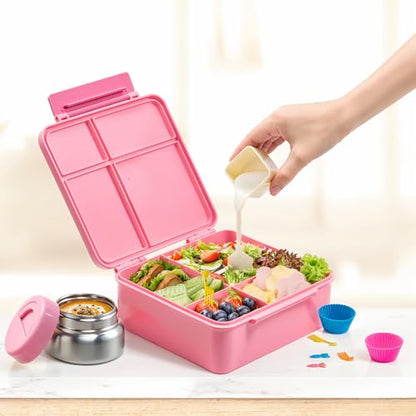 Bento Box for Kids Lunch box with Leak Proof Thermos Food Jar, Food Lunch Containers for Girls with 4 Compartments, Food Picks, Sauce Jar(Pink) - color: Pink