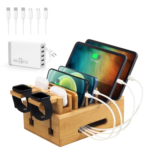 Bamboo Charging Station for Multiple Devices, Multi-Port USB Charger Organizer Stand for Phone, Earphone, Smart Watch, Desktop Cord Storage Holder for Home Office