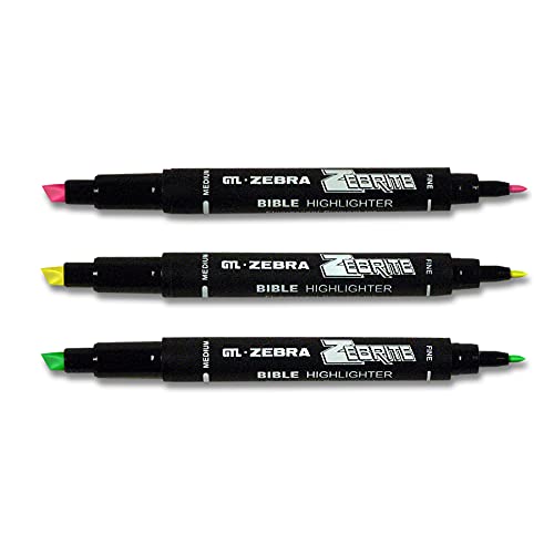 G.T. Luscombe Company, Inc. Zebrite Double Ended Bible Highlighter Set | No Bleed Pigmented Ink | No Fading or Smearing | Double Ended for Highlighting & Underlining | Green, Yellow, Pink (Set of 3) - size: 1 Count (Pack of 3)
