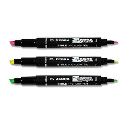 G.T. Luscombe Company, Inc. Zebrite Double Ended Bible Highlighter Set | No Bleed Pigmented Ink | No Fading or Smearing | Double Ended for Highlighting & Underlining | Green, Yellow, Pink (Set of 3) - size: 1 Count (Pack of 3)
