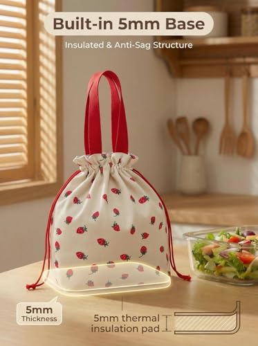 Solid Color & Fruit Print Lunch Bag, Insulated Leakproof Drawstring Pouch with 5mm Anti-Sag Base for Adult Work Commute Picnic (Strawberry Fruit Print) - color: Strawberry Fruit Print