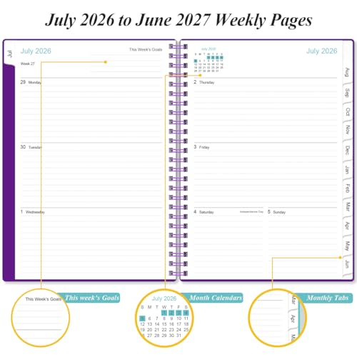 2026-2027 Planner - A5 Weekly & Monthly Planner Spiral Bound, July 2026 - June 2027, with Flexible Cover, Tabs, Inner Pocket, 6.4" x 8.5", Purple - color: Purple, size: 6.4" x 8.5"