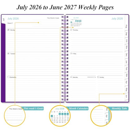 2026-2027 Planner - A5 Weekly & Monthly Planner Spiral Bound, July 2026 - June 2027, with Flexible Cover, Tabs, Inner Pocket, 6.4" x 8.5", Purple - color: Purple, size: 6.4" x 8.5"