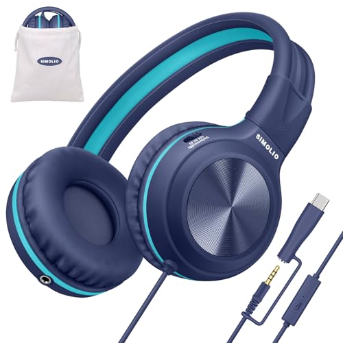 SIMOLIO USB C Wired Kids Headphones, Built-in Microphone & Share Port | USB C to 3. 5mm Dongle, 3-Level Volume Limiter, Over-Ear Headsets w/Pouch, Foldable for Airplane Travel School iPad - color: Deep Blue