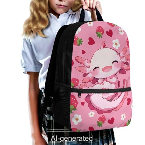 Kawaii Axolotl Large Capacity Kids School Backpack Set 5 Pieces with Lunch Bag Pencil Case and Water Bottle Holder for Girls and Boys - color: Kawaii Axolotl-a