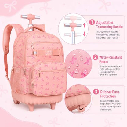 gxtvo Roller Backpack for Girls, Women Rolling Bookbag with Lunch Box for Adults, Water Resistant Wheeled School Bag for College Teens Kids Travel - Pink Bow - color: Girls Rolling Backpack Bow Pink