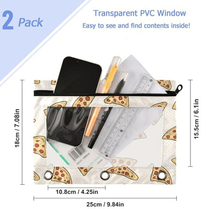 Studying 2 Pack Triangle Pizza in Sausage Pattern 3 Ring Binder Pencil Pouch Bags,Clear Window Zipper Storage Case for Boys Girls School Office Supplies Cosmetics Organizers - color: Multi-pizza