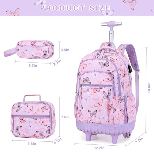 DIGOBAY Rolling Backpack for Girls, Cute Girls Backpack with Wheels, Kids Wheeled backpacks Set with Lunch Bag Pencil Case for Teen Girl, Roller School Bag with Wheels for Elementary Middle School - color: Butterfly