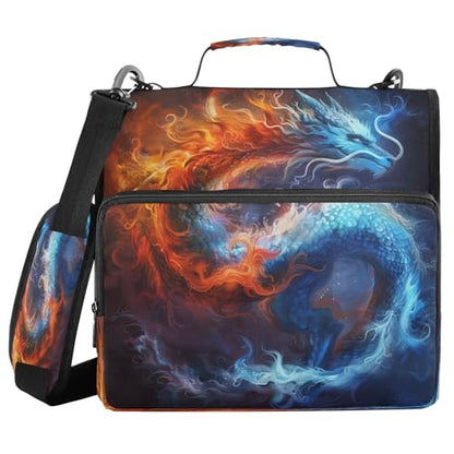 Caikeny 3 Ring Zipper Binder Fantasy Ice Fire Dragon 1.5 inch Binders Bag Blue Red with Shoulder Strap and Handle Expanding File Pockets - color: Multicolored 1z2.2