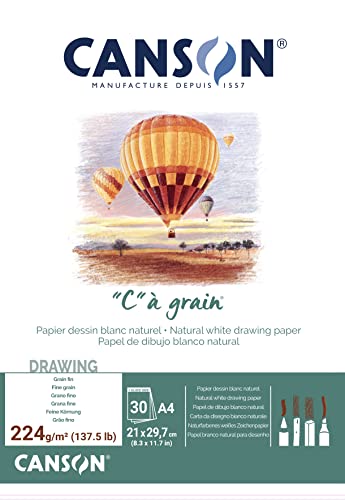 Canson "C à Grain A4 224g White Drawing & Sketching Paper Pad, 30 Sheets, Fine Grain Texture, Glued on Short Side, for Professional Artists - size: A4, style: 224gsm