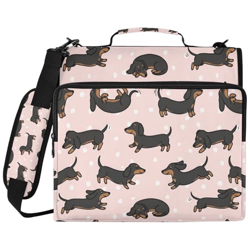 Cartoon Dachshunds 2inch 3 Ring Zipper Binder Multi-Pocket Storage Holds 14 Inch Laptop for Students and Office Use - color: Cartoon Dachshunds