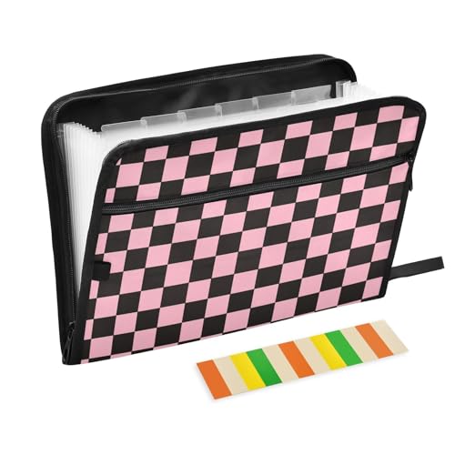 Black Pink Checkerboard Accordion File Organizer Expanding Document Folder with 13 Pockets Portable File Folder for A4 Letter Size - color: Black Pink Checkerboard