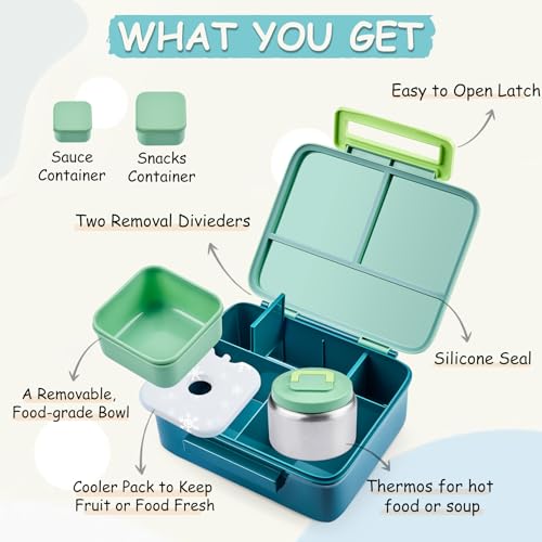 Bento Lunch Box for Kids with 8oz Soup Thermo Leak-Proof Lunch Food Containers with Snack Sauce Container for Kid Girls Boys to School, Green - color: Pure Green