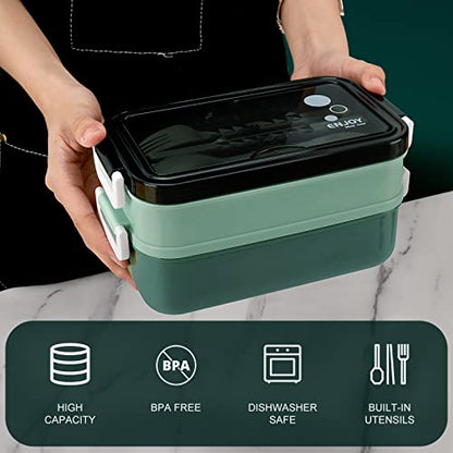 2-Tier Bento Lunch Box for Women & Adults with Insulated Lunch Bag | 50 OZ Large Capacity Bento Box with BPA-Free Utensils & Cup & Sauce Container, Leakproof, Microwave Safe for Work & Meal Prep - color: Green