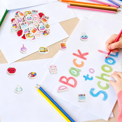 Ceiba Tree Cute School Erasers Bulk 60Pcs Mini Back to School Bus Schoolbag Alarm Pens Eraser for Student Classroom Prizes Stationery Homework Rewards Supplies Party Favors