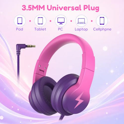 Candy Bila Kids Headphones, Wired Headphones for Kids Over Ear with Microphone, 85/94dB Volume Headphone for Girls Boys, Foldable Headphone for Learning & Entertainment, Deep Purple and Pink - color: Deep Purple and Pink