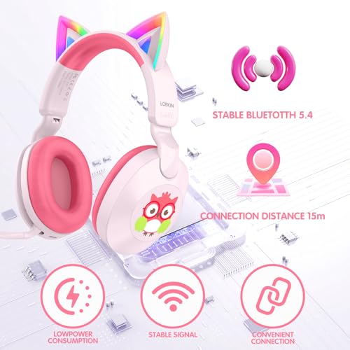 LOBKIN Kids Headphones with Microphone Bluetooth 6.0, Toddler Headphones LED Ligh Rotatable Foldable Sensitive Mic Adjustable 85/94dB Volume Limit Real-time Audio Feedback for Boys Girls Online School