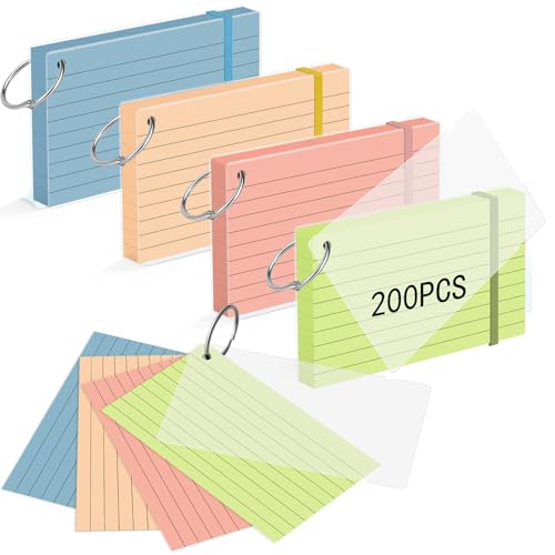 HAUTOCO 200 PCS Colored Flash Cards 3x5 with Rings, Ruled Index Cards with Waterproof Dividers, 4 Colors Study Notecards for Students, Teachers, Exam Prep, Office - color: 4 Colors, size: 3 x 5, 200 PCS