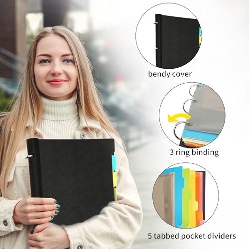 Pivotable Refillable Notebook, 3 Ring Binder Notebooks 1 Inch, Notebook with Dividers and Pockets, Folder Notebook, Flexible Binder, Soft Binders 3 Ring, Foldable Binder- Black - color: 1 Pcs Black
