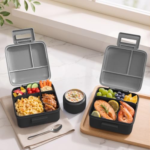 MAISON HUIS Bento Lunch Box with 8oz Soup Thermo, 5-Compartment Leak-Proof Container, Thermo Hot Food Jar and Insulated Lunch Bag, BPA Free,Travel, School (Gray) - color: Gray