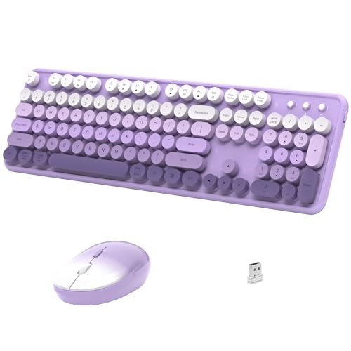 Links9+ Wireless Keyboard and Mouse, Full-Size Retro Typewriter Keyboard with Round Keycaps, 2.4GHz for Windows, Mac, Laptop, PC, Desktop (Purple Gradient) - color: Purple Gradient