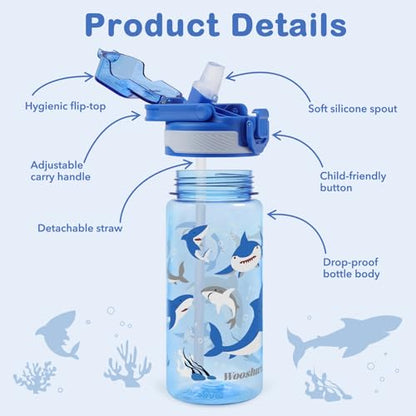 Kids Water Bottle for School, 20 Oz Plastic Straw Water Bottle with Silicone Spout and Leakproof Cover, Dishwasher Safe (Shark) - color: Shark, size: 20 Ounces