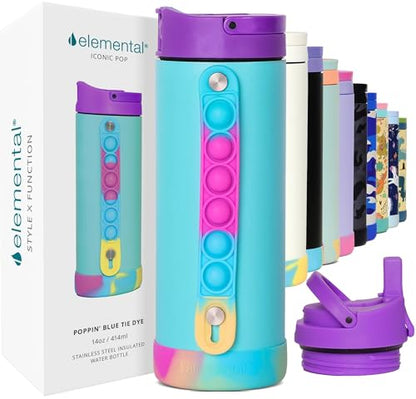 Elemental Iconic Kids Water Bottle with Straw Lid & Stress Relief Pop It Handle, Leak-Proof When Closed, Triple Insulated Kids Stainless Steel Water Bottle For Girls and Boys, 14oz - Blue Tie Dye - color: Blue Tie Dye, size: 14 Ounces
