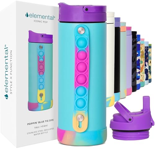 Elemental Iconic Kids Water Bottle with Straw Lid & Stress Relief Pop It Handle, Leak-Proof When Closed, Triple Insulated Kids Stainless Steel Water Bottle For Girls and Boys, 14oz - Blue Tie Dye - color: Blue Tie Dye, size: 14 Ounces