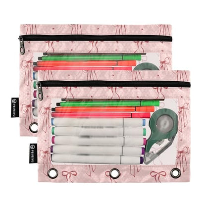 Bow Dots Red Pencil Pouch for 3 Ring Binder 2 Pcs Binder Pouches with Zipper Pocket Pencil Case Bag with Clear Window for Office Work School Supplies - color: Bow Dots Red
