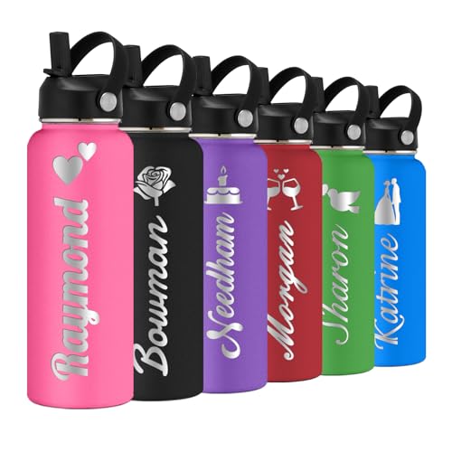 Personalized Water Bottle with Straw Lid for School,Custom Engraved Insulated Stainless Steel Sports Water Bottle with Name for Girls Boys Women Men(24oz/32oz/40oz,12 Colors) - color: Deep Pink, style: Valentine's Day