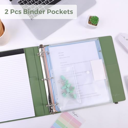 SKYDUE 3 Ring Binder with Clipboard, 2 Inch Binder, PU Clipboard Binder with Notepad & 5 Dividers with 5 Pockets, Labels, Clipboard Folder Great for School Office(Fit Letter Sized Paper) - color: Olivegreen, size: Letter Size - 2 Inch