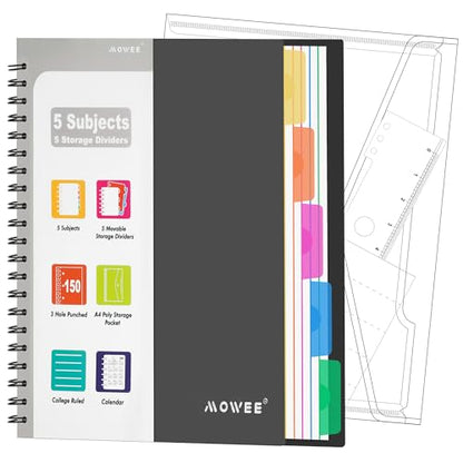 5-Subject Spiral Notebook, College Ruled, with Pocket & Tab Dividers | 300 Pages, 11" Ruler, 8.5"x11" Black, Pocket Dividers with Tab Labels, for Writing Journal, Home, Office & School Supplies - color: Black(300 page)
