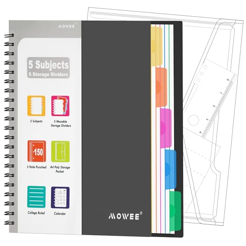 5-Subject Spiral Notebook, College Ruled, with Pocket & Tab Dividers | 300 Pages, 11" Ruler, 8.5"x11" Black, Pocket Dividers with Tab Labels, for Writing Journal, Home, Office & School Supplies - color: Black(300 page)