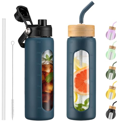 Kodrine 24 oz Glass Water Bottle with Straw & Spout Lids, Motivational Time Marker, Borosilicate Glass Bottle with Silicone Sleeve, Leakproof, Wide Mouth, BPA-Free for Gym, Fitness & Travel-Navy blue - color: Navy Blue, size: 24 Ounces