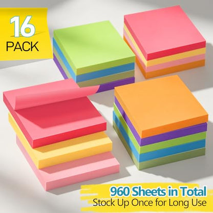 16 Pack of 3x3 Inch Sticky Notes Self-Stick Memo Pads - 960 Sheets in Total! Great for Home, Office & School